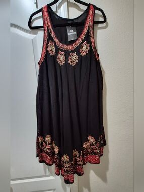 S.R. Fashions Black & Rust Orange Embroidered Boho Tunic Dress Free/One Size NWT